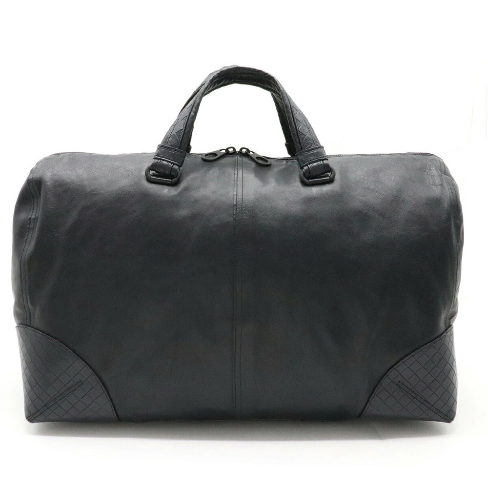 BOTTEGA VENETA Intrecciato Boston Bag Travel Leather Navy Blue
